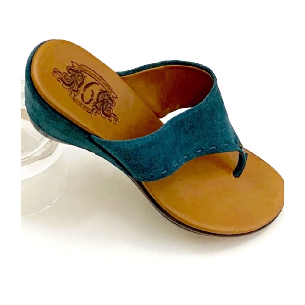 Nine West Sandals Size 10 Teal Suede Vintage American Thong Wedge